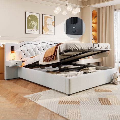 Letto contenitore matrimoniale imbottito 180x200 cm con testiera integrata, porta USB e 2 lampade da comodino, beige, senza materasso (1/5)