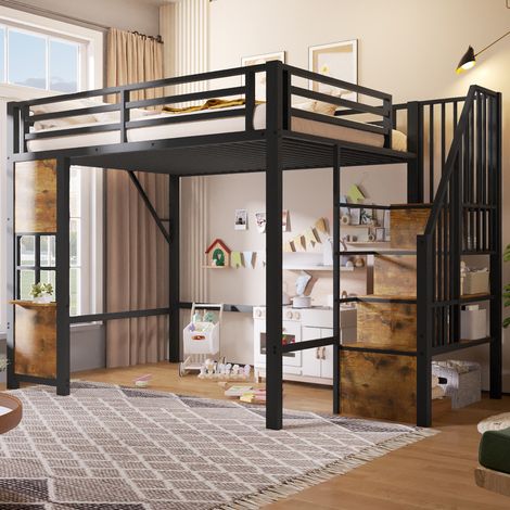 Lit mezzanine enfant 140x200 cm avec escalier de rangement, garde-corps fenêtre, étagères et espace de jeu ouvert, métal et MDF, Noir (1/5)