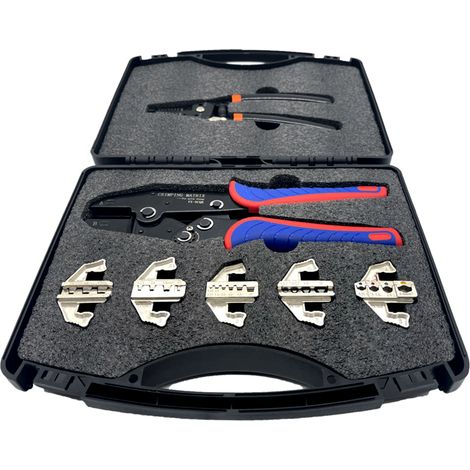 Set pince à dénuder multifonction et pince à sertir à cliquet avec boîte, acier manganèse 65, pour cosses tubulures nylon isolées non isolées connecteurs rétractables (1/5)