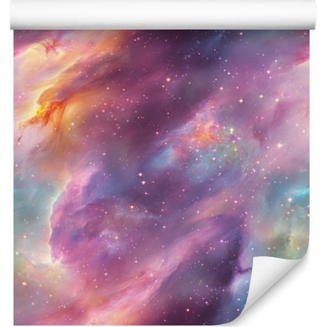 Papel pintado de galaxia en acuarela: violeta, morado, azul y coral, 50x1000 cm. (1/5)