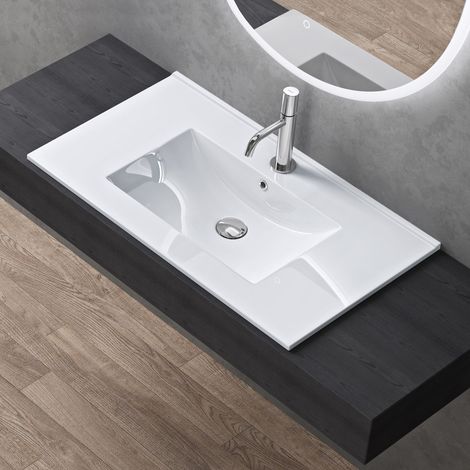 doporro Lavabo de Baño Rectangular Empotrado de Cerámica, 80cm, Blanco Brillante, con Desbordamiento y Orificio para Grifo Brüssel912