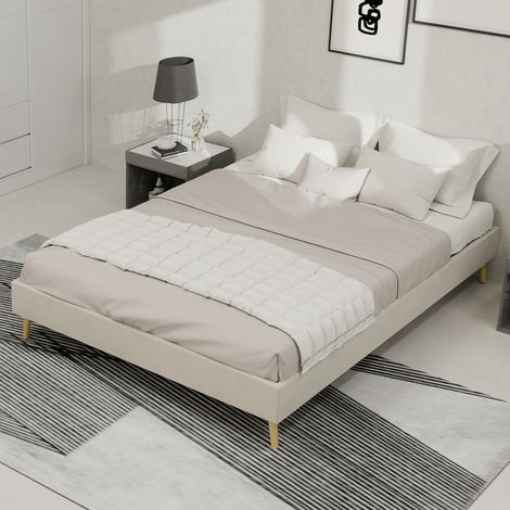 Cama tapizada de tela y metal beige 140x200 cm con almacenamiento hidráulico y cabecero infantil (1/5)