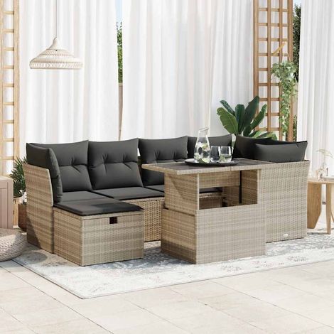 7-tlg. Garten-Sofagarnitur mit Kissen Hellgrau Poly Rattan (1/5)