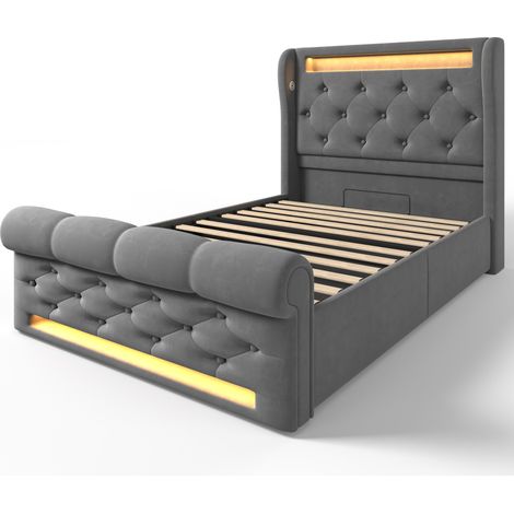 Letto contenitore capitonné 90x200 cm con LED, USB e Type-C, velluto grigio, con materasso (1/5)