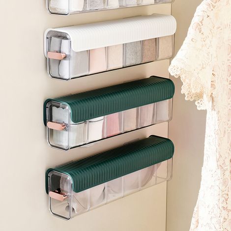 Organisateur de sous-vêtements et chaussettes 3 en 1 détachable, compartimenté, mural, sans perçage, mini boîte de rangement coulissante, vert foncé.