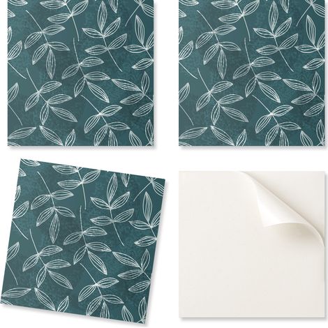 Baldosas de vinilo autoadhesivas para habitaci贸n juvenil con estampado de hojas sobre fondo texturizado, 9x30x30 cm.