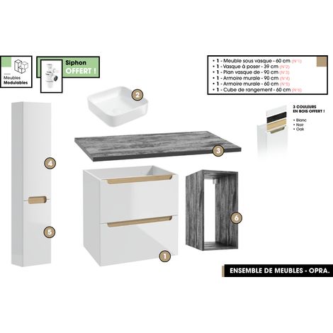 Ensemble complet de salle de bain - Meuble - Plan - Armoires - Cube - Vasque à poser avec Siphons OFFERT OPRA 90 x 60 x 45 cm (1/5)
