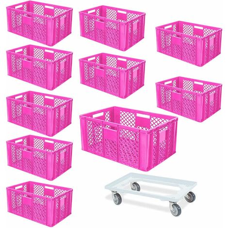 BRB Lot de 10 récipients empilables Euro Plus Chariot de transport 600 x 400 x 320 mm Qualité industrielle Rose