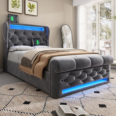 Polsterbett Samt Grau 90x200 cm mit Matratze, LED-Beleuchtung, hydraulischem Stauraum, USB- und Type-C-Anschlüssen (1/5)
