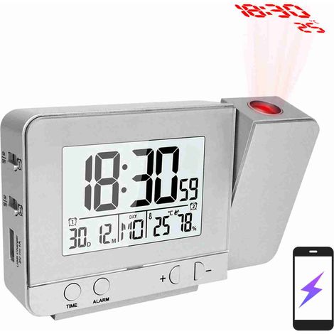Réveil projecteur rouge, projecteur de plafond à 180° avec écran LED, adapté aux enfants et aux gros dormeurs, double alarme + répétition + luminosité réglable + sonneries réglables + USB, 12/24 heure (1/5)