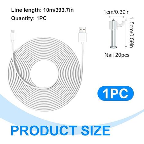 Câble USB-C 10m 66W Charge Rapide, Rallonge d'alimentation Compatible Caméras de Sécurité Mi et Autres Marques, PVC Résistant, Installation Facile avec 20 Pinces