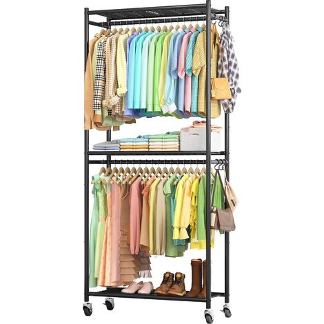 Portant à Vêtement 84 x 32 x 202 cm – Penderie Vêtement Dressing Chambre Adulte avec Étagères & Roulettes, Portant Vêtement Solide à Roulettes avec Crochets, Pour Chambre (Noir) (1/5)