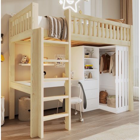 Hochbett 90x200 cm aus Kiefernholz und MDF natur mit Schreibtisch – MEUBLIV (1/5)