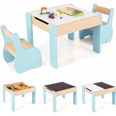 COSTWAY 4 en 1 Table Enfants avec 2 Chaises en Forme d'Eléphant (Bleu) (1/5)