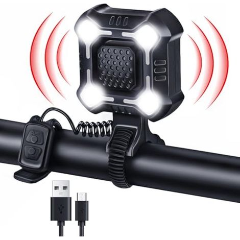 Klaxon pour vélo électrique : son puissant de 140 dB avec lumière intégrée - 6 modes sonores, 8 modes lumineux, rechargeable par USB-C pour les cyclistes urbains et les adultes (1/5)