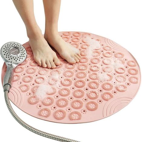 Tapis de bain rond antidérapant, résistant à la moisissure, avec ventouses, en caoutchouc texturé et trou d'évacuation (rose - 1 pièce) (1/5)