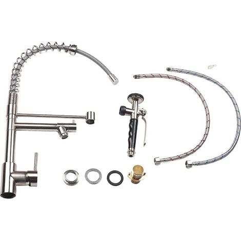 Robinet de cuisine rétractable à ressort, mitigeur eau chaude/froide pour lavabo, robinet d'évier chromé, modèle à tirer, usage domestique. (1/5)