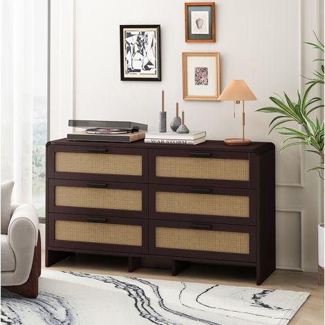 Cómoda de almacenaje 130 cm marrón rojizo en panel de partículas con 6 cajones y frentes de ratán (1/5)