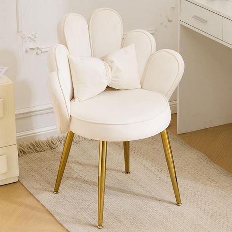 Fauteuil en velours blanc avec dossier pétale et coussin nœud, pieds dorés (1/5)