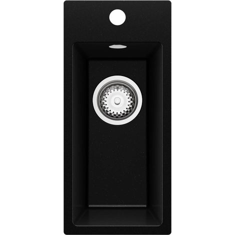 PRIMAGRAN Evier Cuisine en Granit 23x50cm,Lavabo 1 Bac + Kit de Vidage, Évier à Encastrer au Meuble 25cm - Riga, Noir Métallisé (1/5)