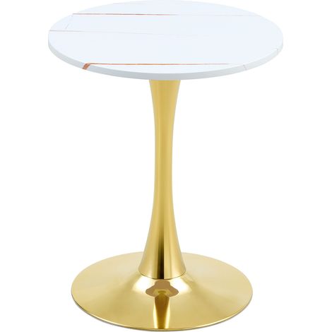 Table d'appoint ronde 60 cm avec plateau MDF effet veiné blanc et pied doré (1/5)