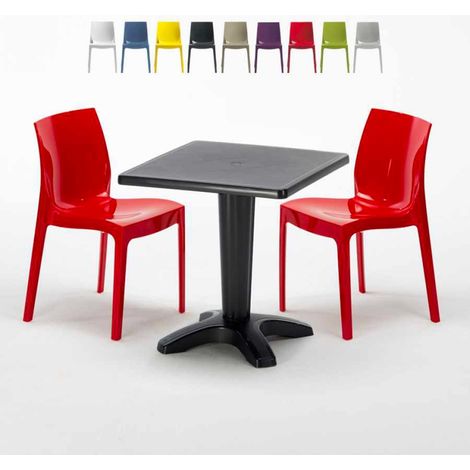 Table Carrée Noire 70x70cm Avec 2 Chaises Colorées Grand Soleil Set Bar Café Ice Aia - Rouge (1/5)