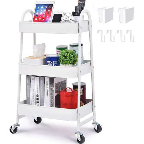 3-Tier Storage Cart, Kitchen Cart with Lockable Wheels, Multifunctional Tolley Cart with Handle for Kitchen, Bathroom, Laundry Room, Bedroom, Basket (1/5)