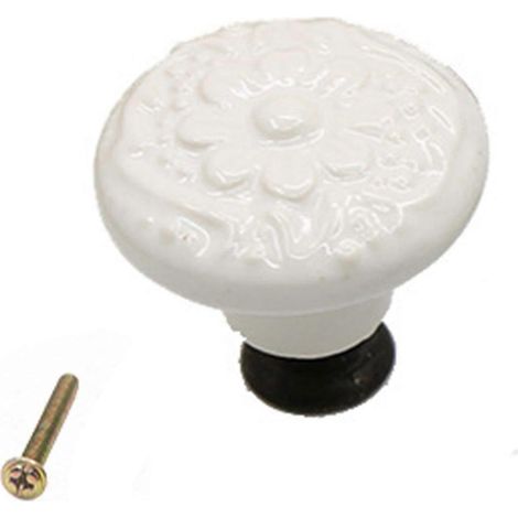 Poignée de meuble ronde à motif floral, anti-chute, accessoires robustes et uniques en céramique pour tiroir-White (1/5)