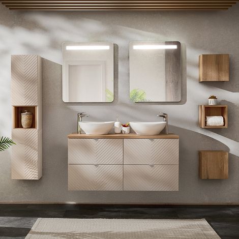 Conjunto de muebles doble lavabo 120cm espejos LED columna y 3 armarios de pared Manoa Cachemira y Madera (1/4)