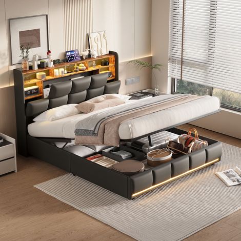 Bett 160x200, Bettkasten 160x200 mit Lattenrost, Doppelbett 160x200, Modulbett mit intelligentem Kopfteil, kabelloses Laden, Ambientebeleuchtung, modernes Luxus-Design (1/4)