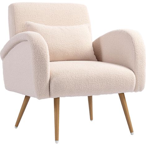 Fauteuil de salon en tissu Teddy, chaise rembourrée, assise large, coussin lombaire, pieds en métal effet bois, beige (1/5)