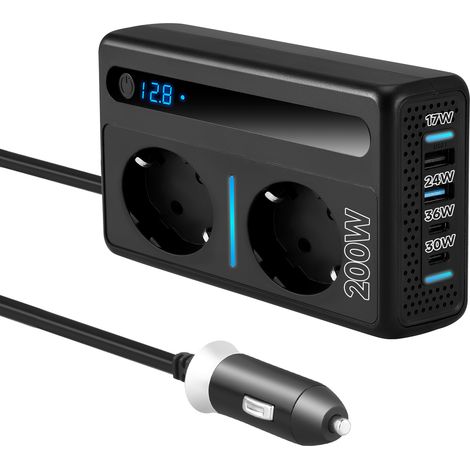Convertisseur/onduleur de tension pour voiture de 200 W, équipé de 2 prises et de 4 ports USB, compatible avec la recharge rapide, avec prise allume-cigare, idéal pour les voyages d'affaires et les va (1/5)