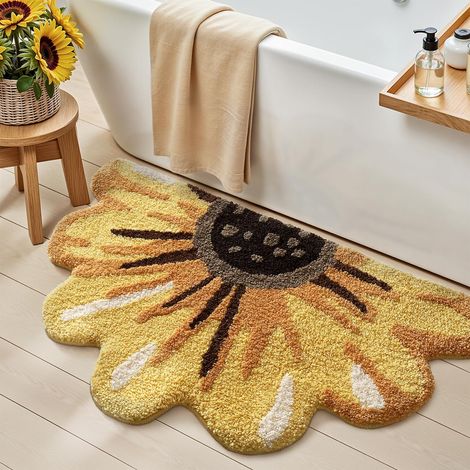 Tapis Salle de Bain Antidérapant 60 x 90 cm, Tapis Douch Absorbant et Lavable avec Motif Tournesol pour Baignoire,Jaune (1/5)
