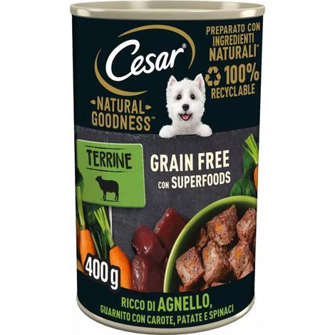 alimento umido per cani cesar "natural goodness" con agnello, carote, patate e spinaci 400 gr