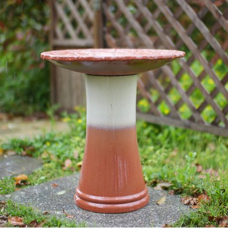 Bain d’oiseaux en céramique fait main Ø 43 cm, H 45 cm, émaillage brun rouille-blanc (1/5)