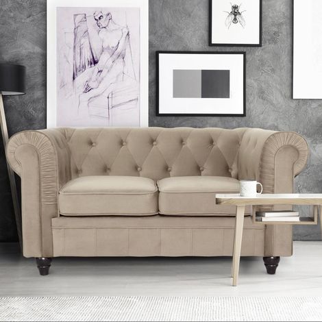 Cotecosy – Canapé Chesterfield 2 places en velours taupe – Longueur 154 cm – Largeur 82,5 cm – Confort capitonné – Style britannique intemporel
