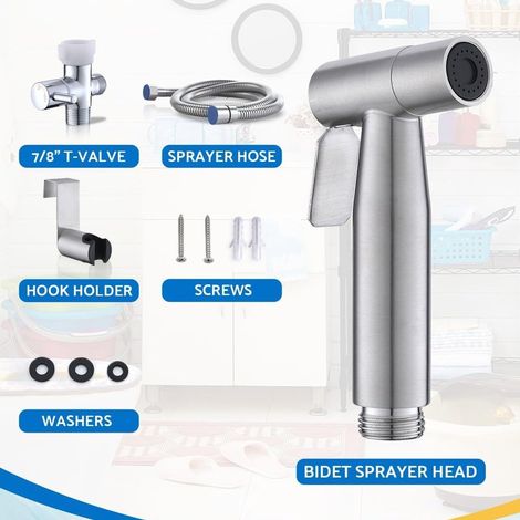 Ensemble de douchette bidet en acier inoxydable brossé avec flexible raccord en T et support mural couleur argentée (1/4)