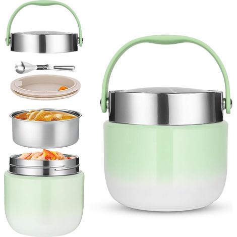 Thermo Isolant Contenant 1200ml avec Cuillère Pliante Boîtes Alimentaires Isothermes pour Conserver le Porridge,la Soupe, les Fruits, les Yaourts et les Déjeuners (Vert)