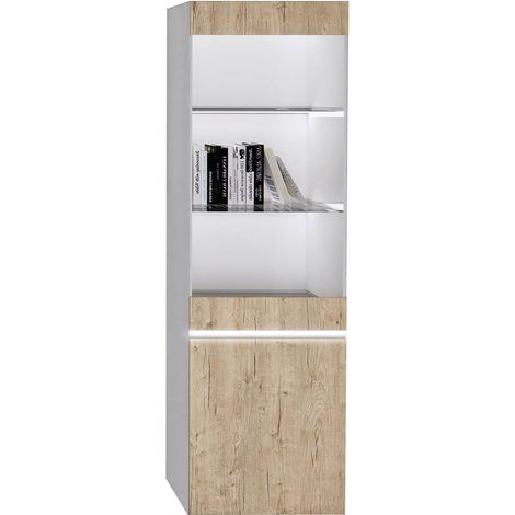 CHRIS OAK - Vitrine 1 Porte Laquée Blanc Brillant Aspect Bois avec Led