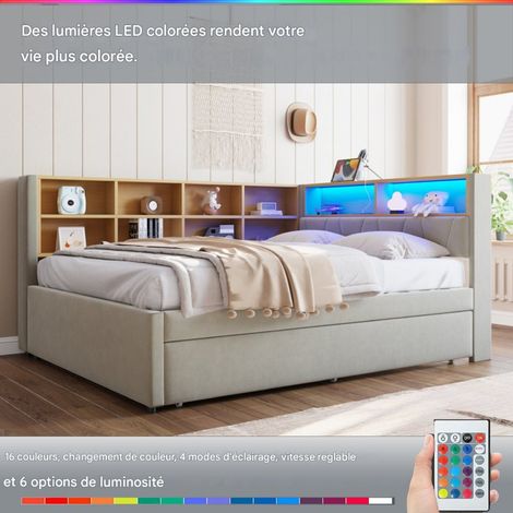 Canapé-lit 140x200 gris clair avec lit gigogne, LED, USB-C et rangement (1/5)