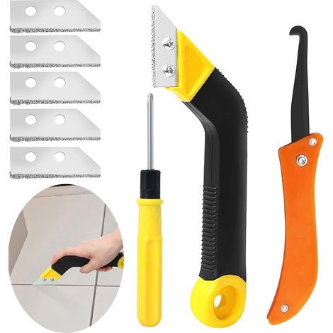 Lot de 7 râteaux à joints pour nettoyer les joints - Couteau de scie à main avec 5 accessoires de rechange supplémentaires - Scie coudée pour le nettoyage du carrelage (1/5)