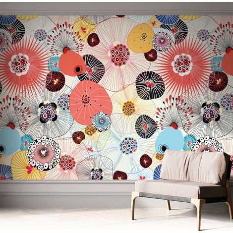 Papier peint autocollant avec imprimé décoratif pour salon et chambre à coucher Installation facile Fleurs colorées 312x219 cm (1/5)