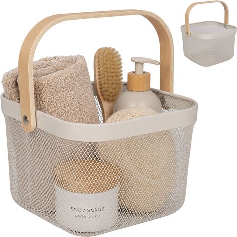 Relaxdays Wire Baskets with Handle, Set of 2, Metal & Bamboo, HxWxD: 17.5 x 26 x 24.5 cm, Creme (1/5)