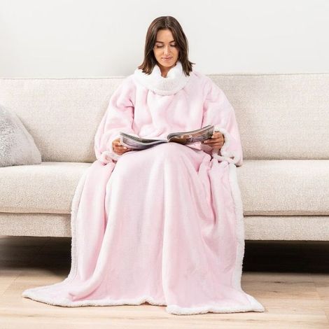 Classy Couverture confortable TV couverture complète du corps avec manches et poches couverture chaude sherpa en micropeluche des deux côtés pour femmes hommes adultes 170 x 120 cm, Rose (1/4)