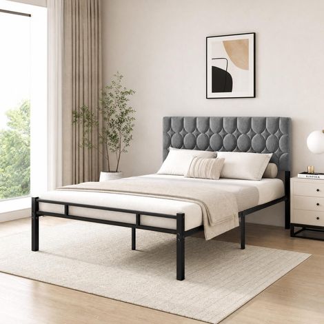 Letto matrimoniale 140x200 cm con rete a doghe, testiera imbottita e struttura in metallo, 12 robuste doghe in metallo, rivestimento in velluto grigio (1/4)