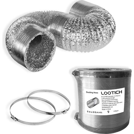 1 Conduit Flexible Aluminium 127mm Longueur 2,5m Ventilation Étanche Avec 2 Colliers Acier Pour Cuisine Salle De Bain