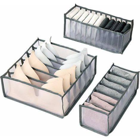 Boîtes de rangement pour sous-vêtements(gris), boîte de rangement pliable pour chaussettes, organisateur de tiroir, ensemble de 3 pour soutiens-gorge, chaussettes, culottes