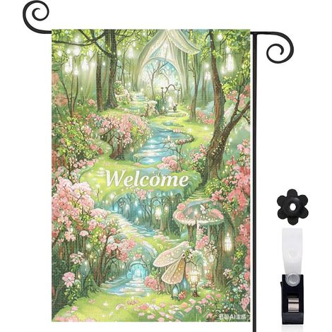 Drapeau de jardin Welcome lumières dorées et forêt hivernale 30 x 45 cm décoration porche et entrée (1/5)