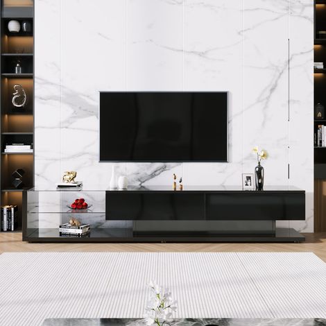 Meuble tv bas 180cm blanc brillant avec étagères en verre et éclairage led multicolore (1/5)