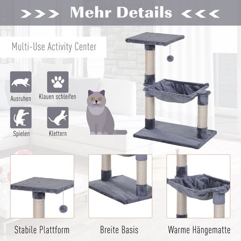 Arbre à chat 70 cm, petite tour pour chat avec balle en peluche, poteau en sisal, grande plateforme, hamac, griffoir, arbre d'escalade pour petits chats, gris (1/5)